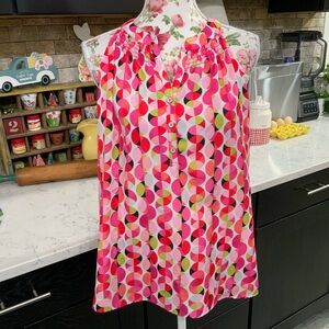 Pappagallo Mod Print Sleeveless Blouse Lightweight Smocked Womens M Pink